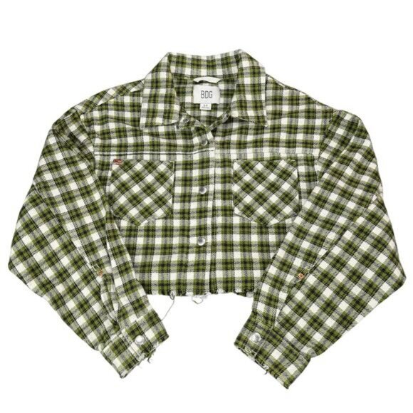 BDG Urban Outfitters Claire Cropped Flannel Shirt Jacket In Green Multi Sz Small - Picture 2 of 8